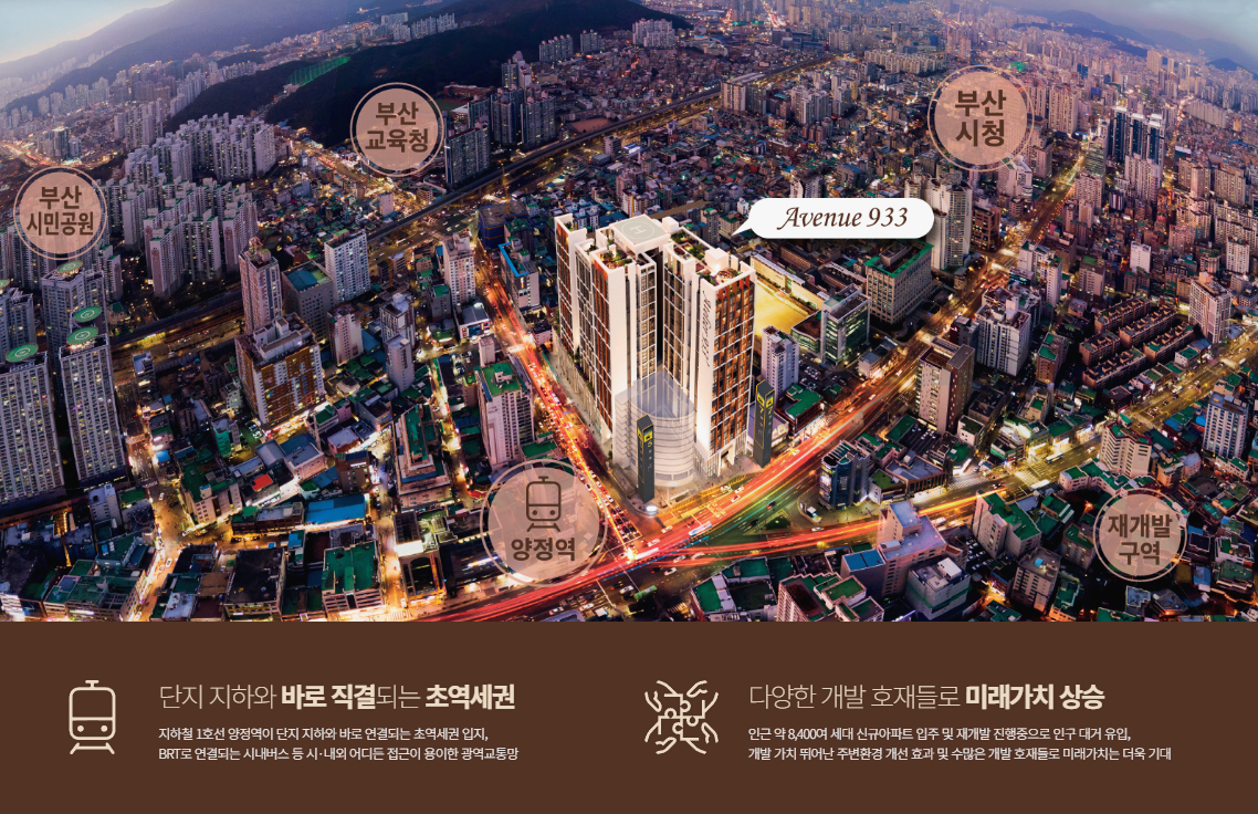 부산진구 양정 상가와 아틀리에933 주변 생활권을 보여주는 항공 조감 이미지